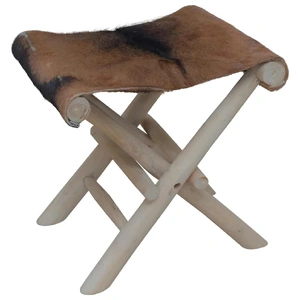 Folding Stool Real Leather and Solid Teak Wood