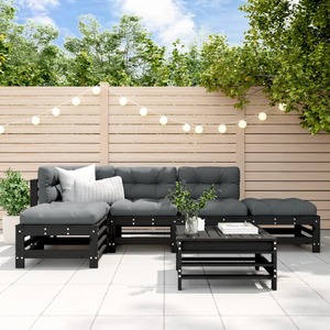 6 Piece Garden Lounge Set with Cushions Black Solid Wood