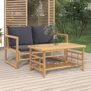 2 Piece Garden Lounge Set with Dark Grey Cushions Bamboo