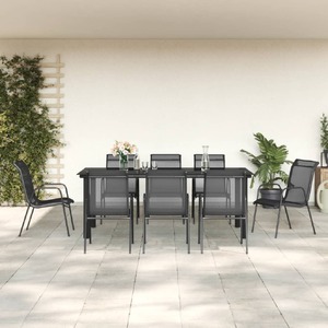 9 Piece Garden Dining Set Black Steel and Textilene