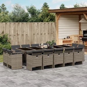 15 Piece Garden Dining Set with Cushions Grey Poly Rattan