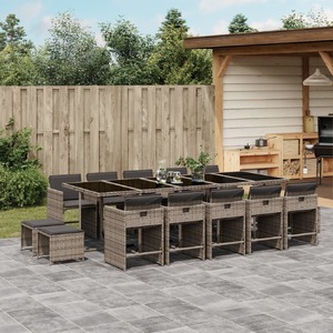 15 Piece Garden Dining Set with Cushions Grey Poly Rattan