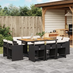 11 Piece Garden Dining Set with Cushions Black Poly Rattan