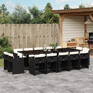 15 Piece Garden Dining Set with Cushions Black Poly Rattan