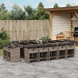 15 Piece Garden Dining Set with Cushions Grey Poly Rattan