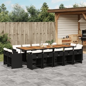 15 Piece Garden Dining Set with Cushions Black Poly Rattan