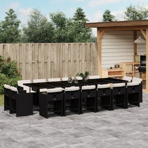 17 Piece Garden Dining Set with Cushions Black Poly Rattan