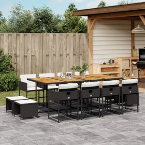 13 Piece Garden Dining Set with Cushions Black Poly Rattan