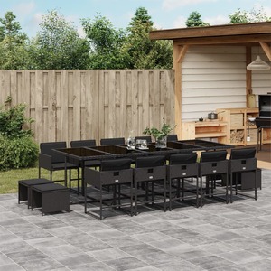 15 Piece Garden Dining Set with Cushions Black Poly Rattan