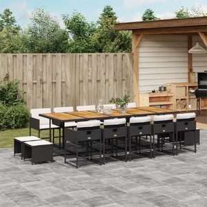 15 Piece Garden Dining Set with Cushions Black Poly Rattan