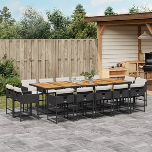 15 Piece Garden Dining Set with Cushions Black Poly Rattan