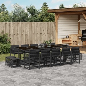 15 Piece Garden Dining Set with Cushions Black Poly Rattan