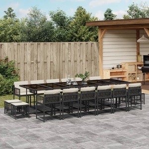 17 Piece Garden Dining Set with Cushions Black Poly Rattan