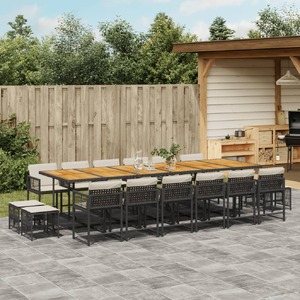 17 Piece Garden Dining Set with Cushions Black Poly Rattan