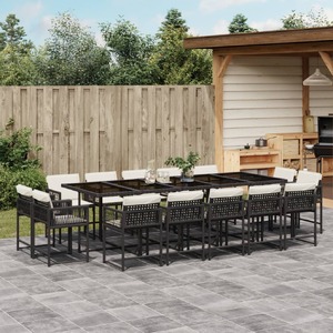 15 Piece Garden Dining Set with Cushions Black Poly Rattan