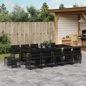 15 Piece Garden Dining Set with Cushions Black Poly Rattan