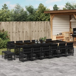 17 Piece Garden Dining Set with Cushions Black Poly Rattan