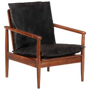 Armchair Black Real Leather and Solid Wood Acacia