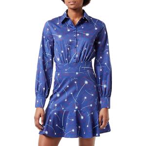 Abstract Print Shirt Collar Cotton Dress with Long Sleeves