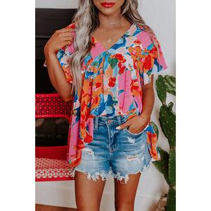 Azura Exchange Abstract Print V Neck Flutter Sleeve Blouse