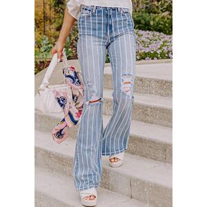 Azura Exchange Vertical Striped Ripped Flare Jeans