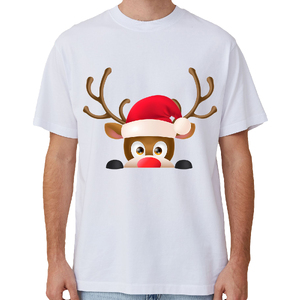 100% Cotton Christmas T-shirt Adult Unisex Tee Tops Funny Santa Party Custume, Reindeer Head (White)