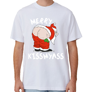 100% Cotton Christmas T-shirt Adult Unisex Tee Tops Funny Santa Party Custume, Merry Kissmyass (White)