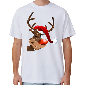 100% Cotton Christmas T-shirt Adult Unisex Tee Tops Funny Santa Party Custume, Reindeer Wink (White)