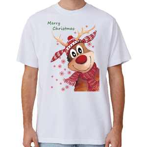 100% Cotton Christmas T-shirt Adult Unisex Tee Tops Funny Santa Party Custume, Reindeer (White)