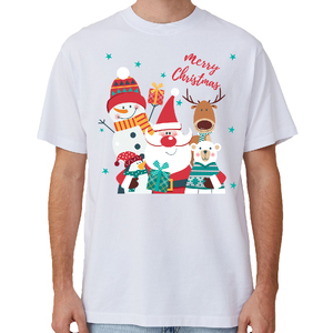 100% Cotton Christmas T-shirt Adult Unisex Tee Tops Funny Santa Party Custume, Santa Gathering (White)