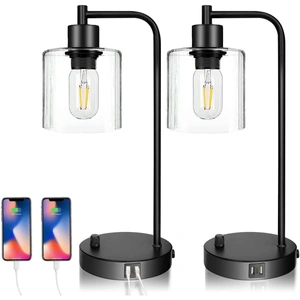 2x Pack Industrial Table Lamp with 2 USB Port for Bedside Nightstand Desk and Living Room Office (Bulb not Included)
