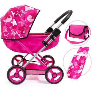 Baby Doll Stroller Pram for Toddlers, Foldable with Bag and Blanket, Modern Pink with Stars
