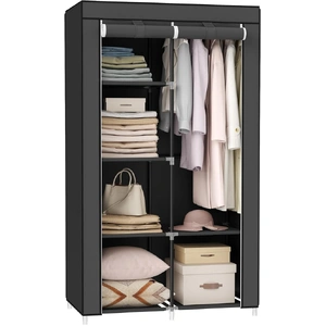 Portable Clothes Storage Organizer with 6 Shelves and 1 Clothes Hanging Rail Black RYG84BK