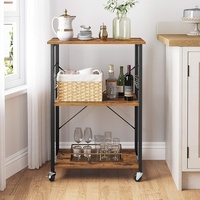 Kitchen Serving Shelf Trolley on Wheels, 3 Shelves with 6 Hook Rustic Brown