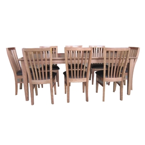 9pc Set 210cm Dining Table Chair PU Leather Seat Slat Back Oak Wood