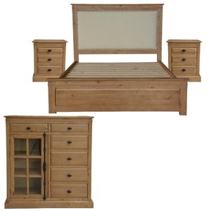 4pc Queen Bed Suite Bedside Tallboy Bedroom Furniture Package - Natural