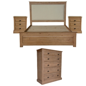 4pc Queen Bed Bedside Tallboy Bedroom Suite Furniture Package - Natural