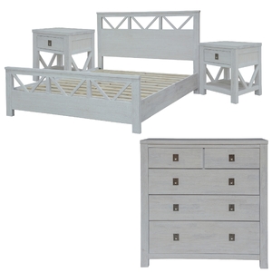 4pc King Bed Suite Bedside Tallboy Bedroom Furniture Package White Wash