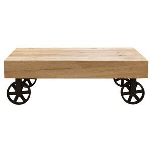 120cm Coffee Table Trolley Wheel Veneer Solid Oak Top Metal Leg - Natural