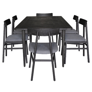 7pc Dining Set Table 180cm Solid Oak Wood Fabric Seat Chair - Black
