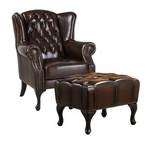 Chesterfield Winged Armchair Ottoman Footstool Sofa Leather Antique Brown