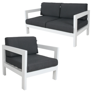 2pc Set 1+2 Seater Outdoor Sofa Lounge Aluminium Frame White