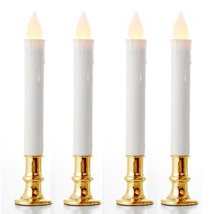 50 Pack Taper Stick White Battery Candle - Natural Flame Light Colour No Flicker - Gold Stand Base
