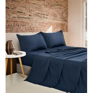 CleverPolly Vintage Washed Microfibre Sheet Set with 1 Pillowcase - Navy - Single