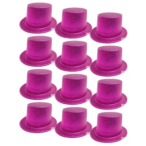 12x GLITTER TOP HAT Fancy Party Plastic Costume Tall Cap Fun Dress Up BULK - Hot Pink