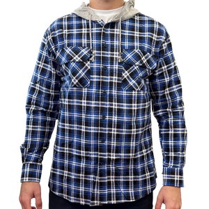 Mens Cotton Flannelette Shirt w Jersey Hood Long Sleeve Flannel - Denim - 2XL