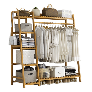 Portable Clothes Rack Coat Garment Stand Bamboo Rail Hanger Airer Closet