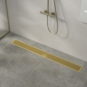 900mm Bathroom Shower Brushed Brass Grate Drain w/ Centre outlet Floor Waste Square Pattern
