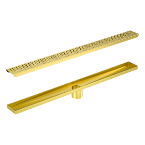 900mm Bathroom Shower Brushed Brass Grate Drain w/ Centre outlet Floor Waste Square Pattern