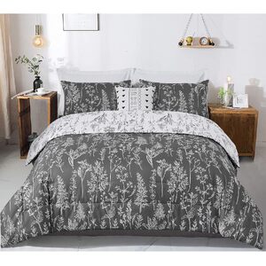 Floral Comforter Set, King Size, Black White Floral Pattern Reversible Bedding